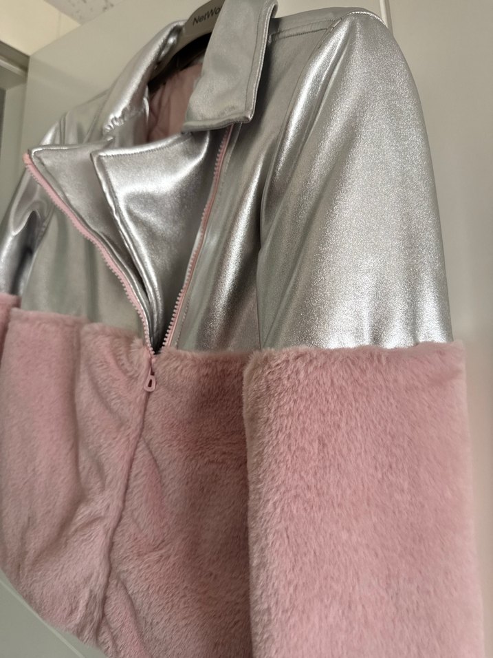 Gri-Pembe Peluş Detaylı Kadın Ceket - Görsel 3