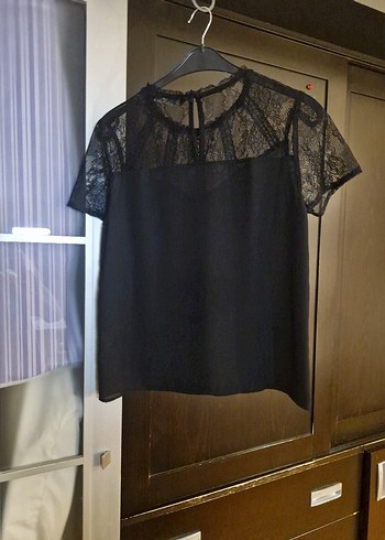 Zara,Dantel Detaylı Siyah Kısa Kollu Bluz - Görsel 6
