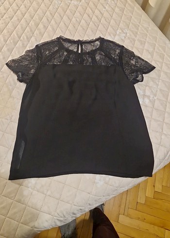 Zara,Dantel Detaylı Siyah Kısa Kollu Bluz - Görsel 2