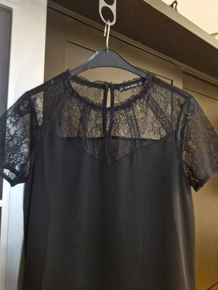 Zara,Dantel Detaylı Siyah Kısa Kollu Bluz - Görsel 5