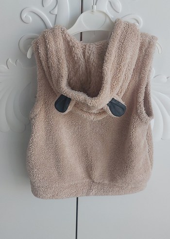 Kız Çocuk Bej Peluş Kapüşonlu Yelek - Görsel 4