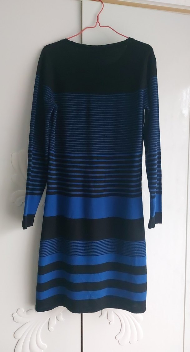 Mavi Çizgili Uzun Kollu Triko Elbise - Görsel 4