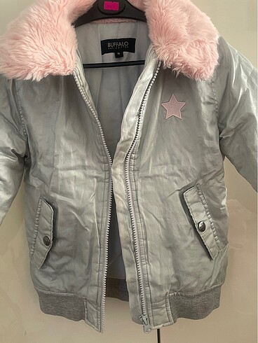Buffalo metalik gri yakası peluş kürklü kız çocuk montu - Görsel 2