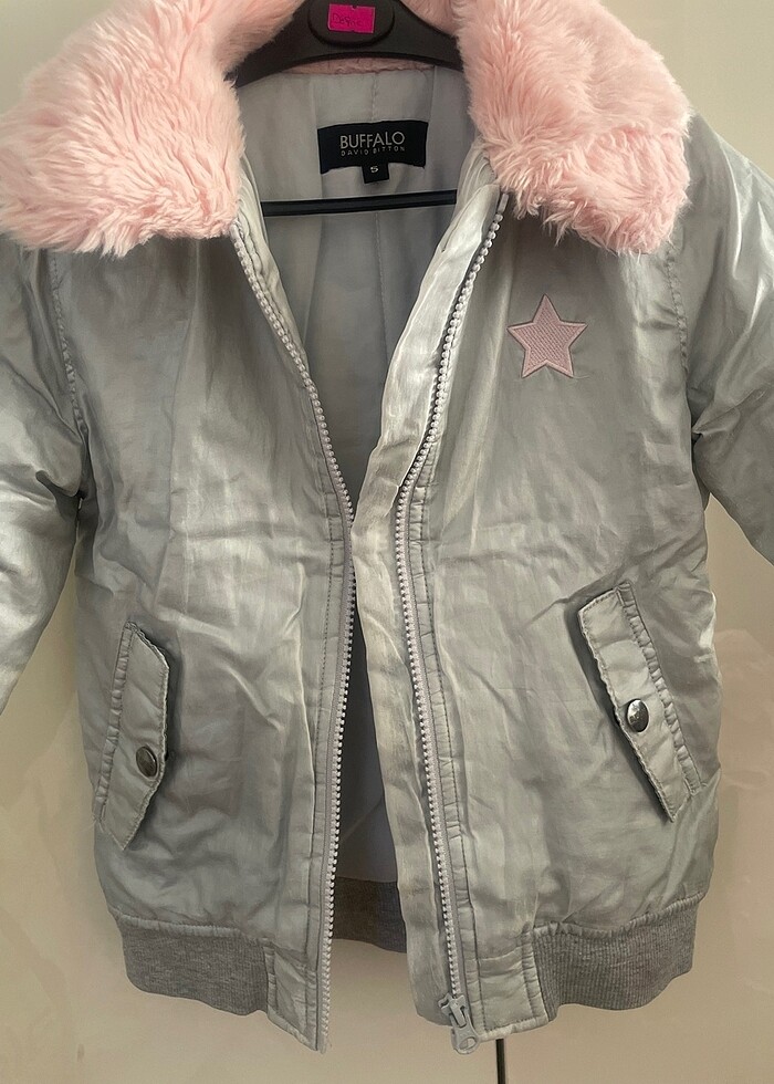 Buffalo metalik gri yakası peluş kürklü kız çocuk montu - Görsel 2