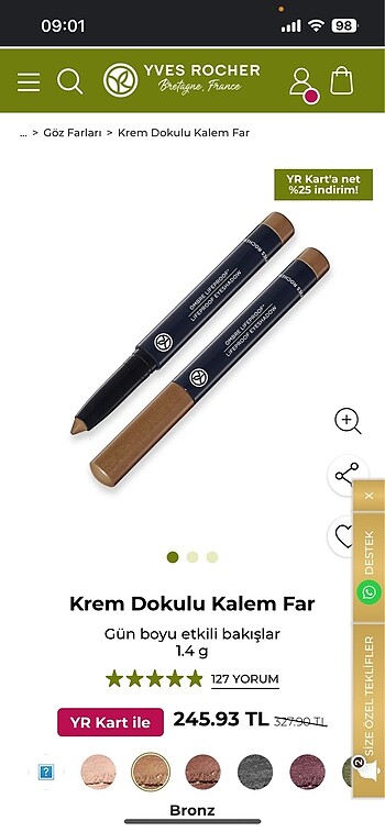 Krem Dokulu Kalem Far - Bronz