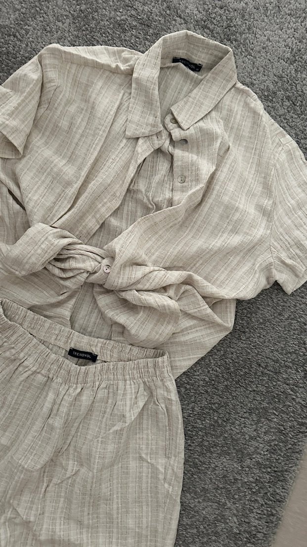 Bej Keten Mini Gömlek ve Şort Takım - Görsel 3