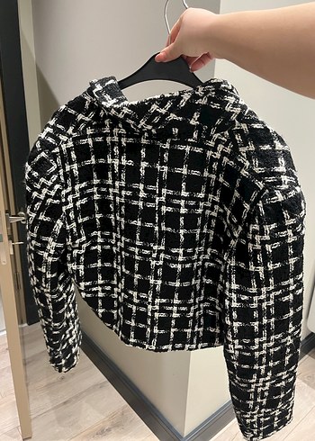 Düğmeli Siyah Mini Ekose Blazer - Görsel 2