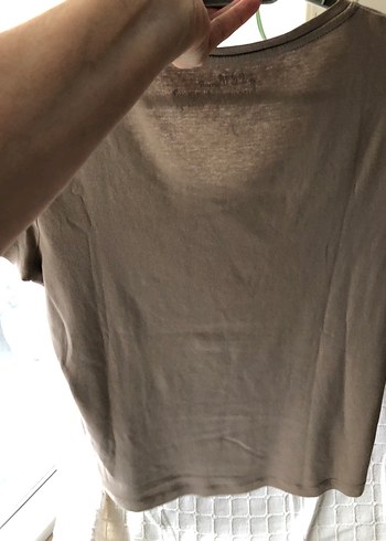 Bej V Yaka Keten Kadın Tişört - Görsel 2