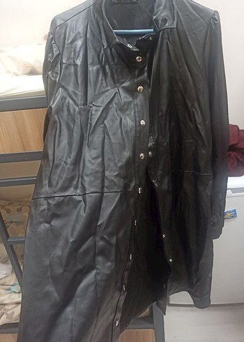 çıtçıtlı Siyah Uzun Deri Kadın Ceket - Görsel 3