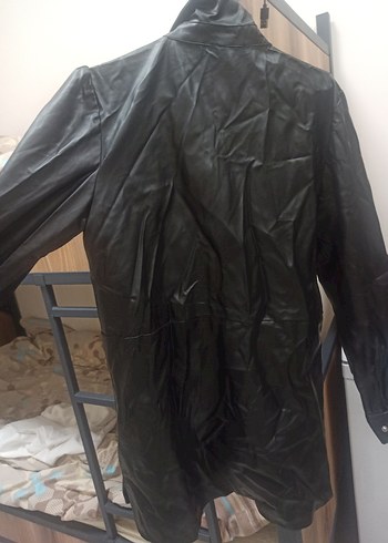 çıtçıtlı Siyah Uzun Deri Kadın Ceket - Görsel 2