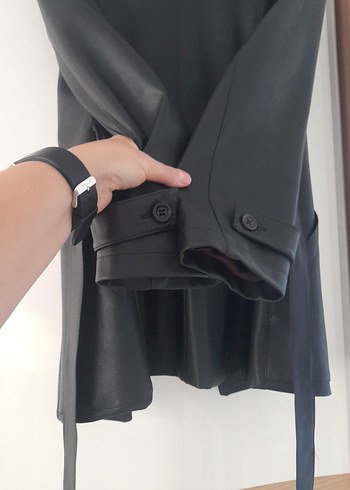 Düğmeli Siyah Deri Kadın Ceket - Görsel 5