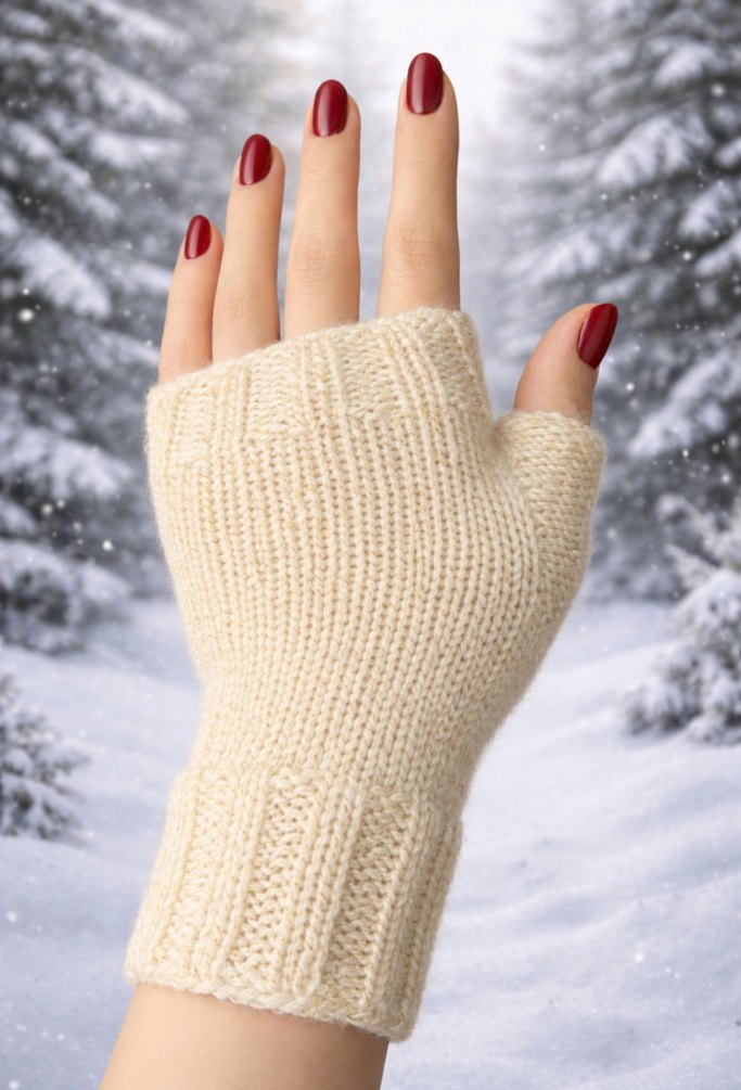 Bej Örgü Parmaksız Kadın Eldiveni - Görsel 2
