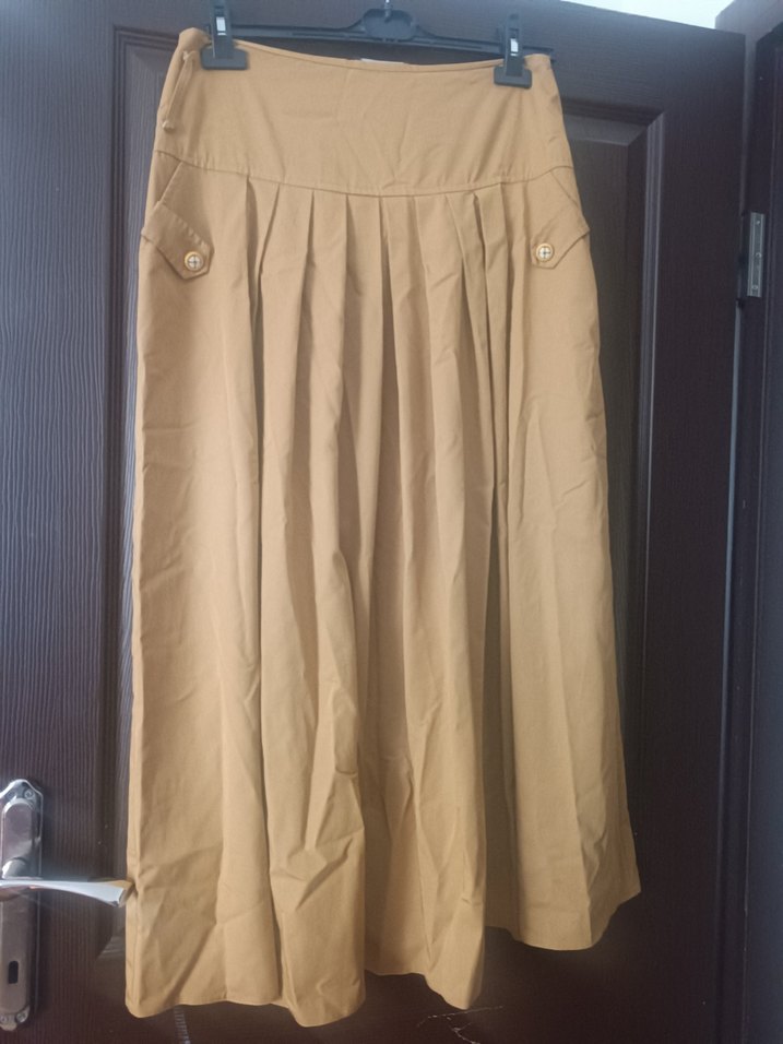 Bej Pileli Uzun Keten Etek - Görsel 2