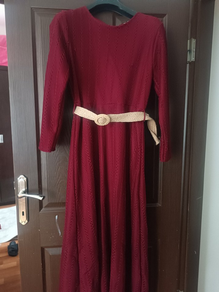 Bordo Uzun Kemerli Kadın Elbise - Görsel 2