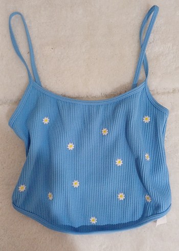 Nakışlı Mavi İp Askılı Crop Top