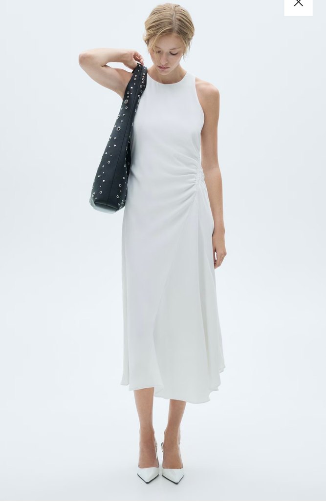 Beyaz Drapeli Uzun Kolsuz Elbise - Görsel 3