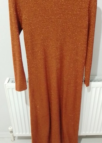 Uzun Kollu Parlak Kahverengi Triko Elbise - Görsel 4