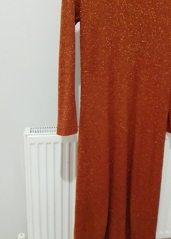 Uzun Kollu Parlak Kahverengi Triko Elbise - Görsel 5