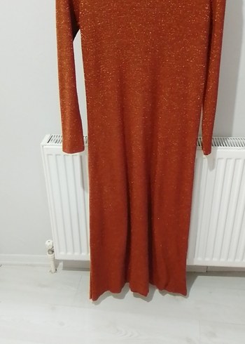 Uzun Kollu Parlak Kahverengi Triko Elbise - Görsel 3