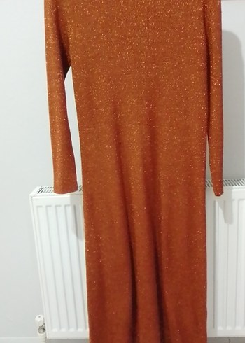 Uzun Kollu Parlak Kahverengi Triko Elbise - Görsel 2