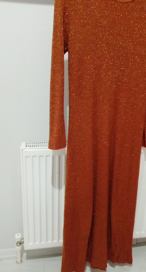 Uzun Kollu Parlak Kahverengi Triko Elbise - Görsel 5