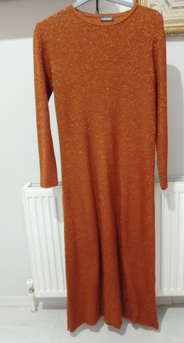 Uzun Kollu Parlak Kahverengi Triko Elbise - Görsel 2