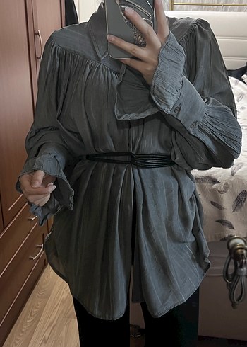 Gri Bohem Uzun Kollu Gömlek - Görsel 3