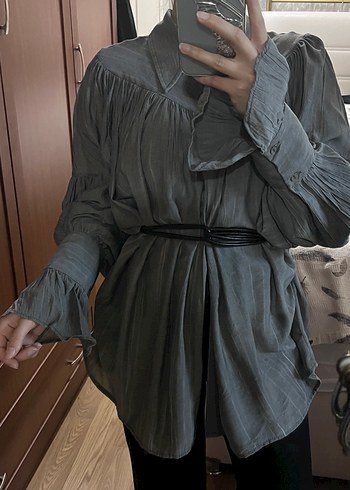 Gri Bohem Uzun Kollu Gömlek - Görsel 5