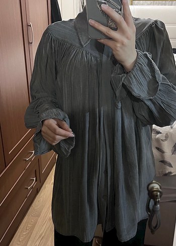 Gri Bohem Uzun Kollu Gömlek - Görsel 7