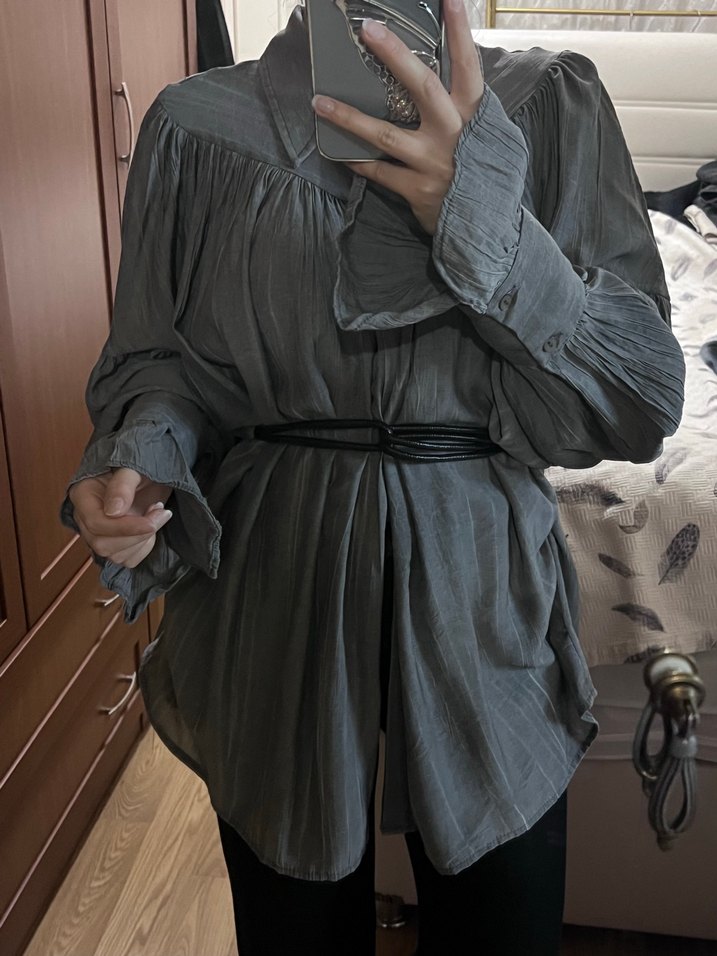 Gri Bohem Uzun Kollu Gömlek - Görsel 3