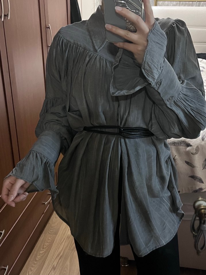 Gri Bohem Uzun Kollu Gömlek - Görsel 5