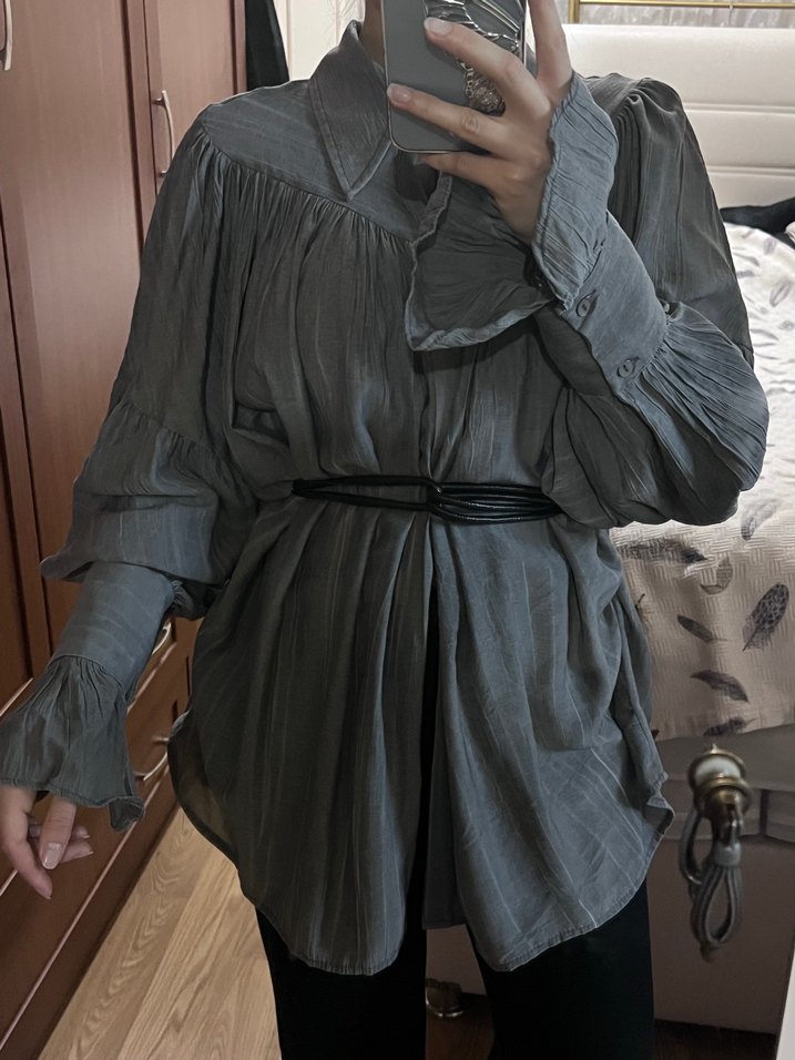 Gri Bohem Uzun Kollu Gömlek - Görsel 2