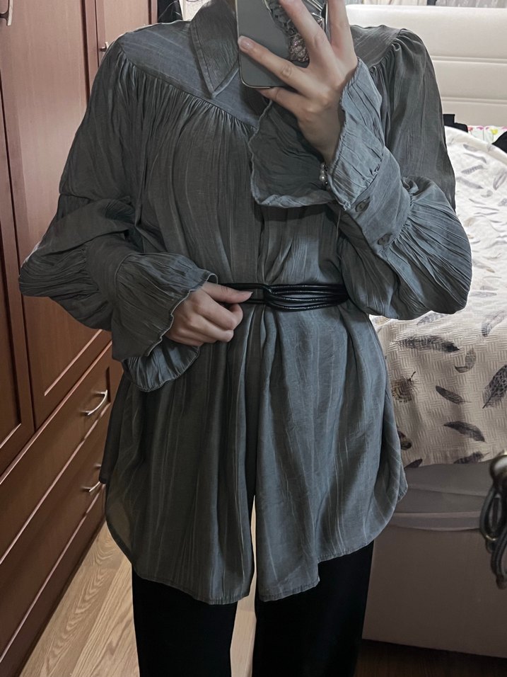 Gri Bohem Uzun Kollu Gömlek - Görsel 4