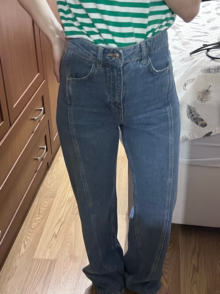 Mavi Bol kesim yüksek bel Kadın Kot Pantolon - Görsel 3