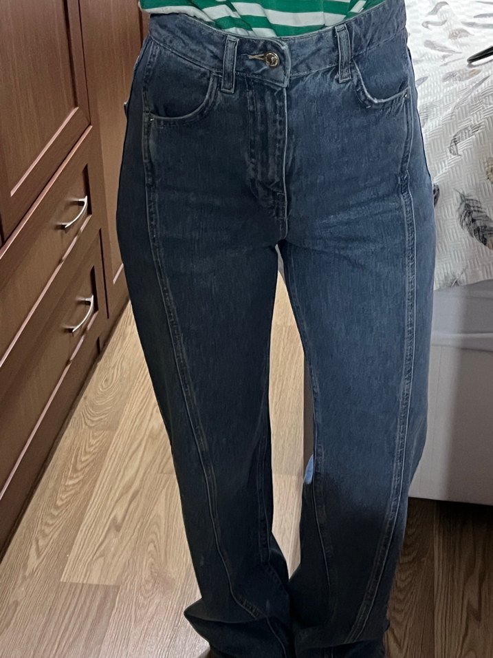 Mavi Bol kesim yüksek bel Kadın Kot Pantolon - Görsel 2