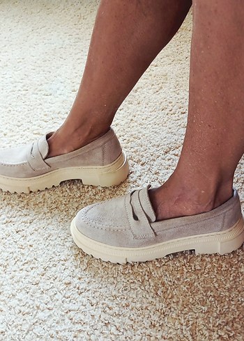 Bej Süet Platform Topuklu Kadın Loafer 37NO