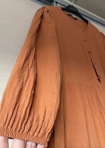 Uzun Kollu Bohem Tarz kiremit rengi Keten Elbise - Görsel 2