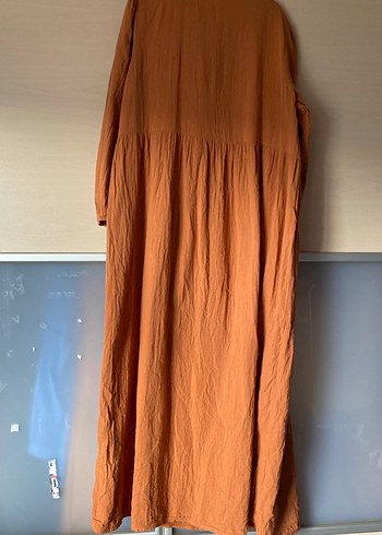 Uzun Kollu Bohem Tarz kiremit rengi Keten Elbise - Görsel 5