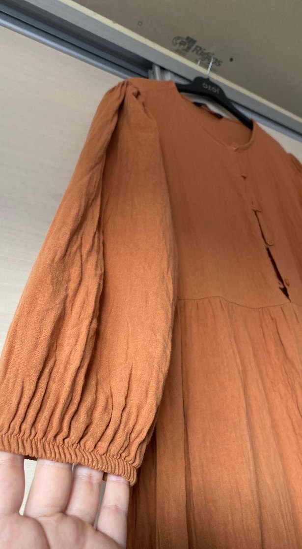 Uzun Kollu Bohem Tarz kiremit rengi Keten Elbise - Görsel 2