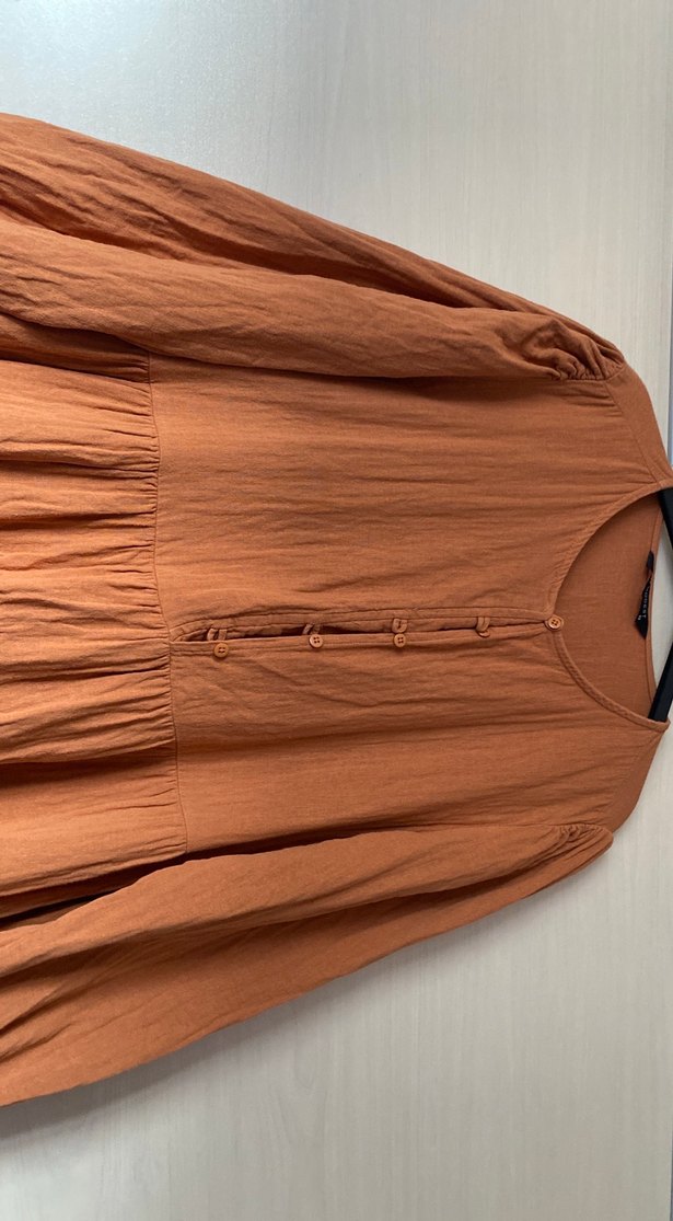 Uzun Kollu Bohem Tarz kiremit rengi Keten Elbise - Görsel 3