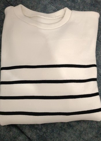 Kadın Beyaz Çizgili Pamuklu Triko Kazak - Görsel 2