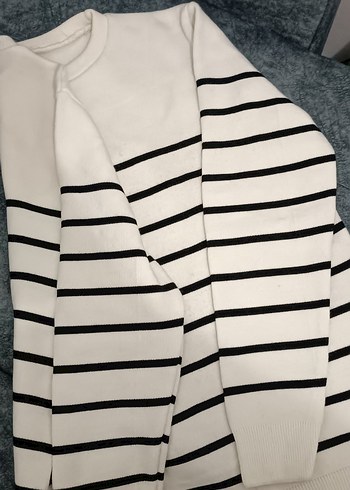 Kadın Beyaz Çizgili Pamuklu Triko Kazak - Görsel 4