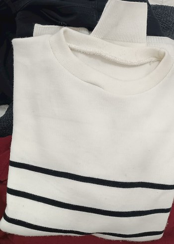 Kadın Beyaz Çizgili Pamuklu Triko Kazak - Görsel 3