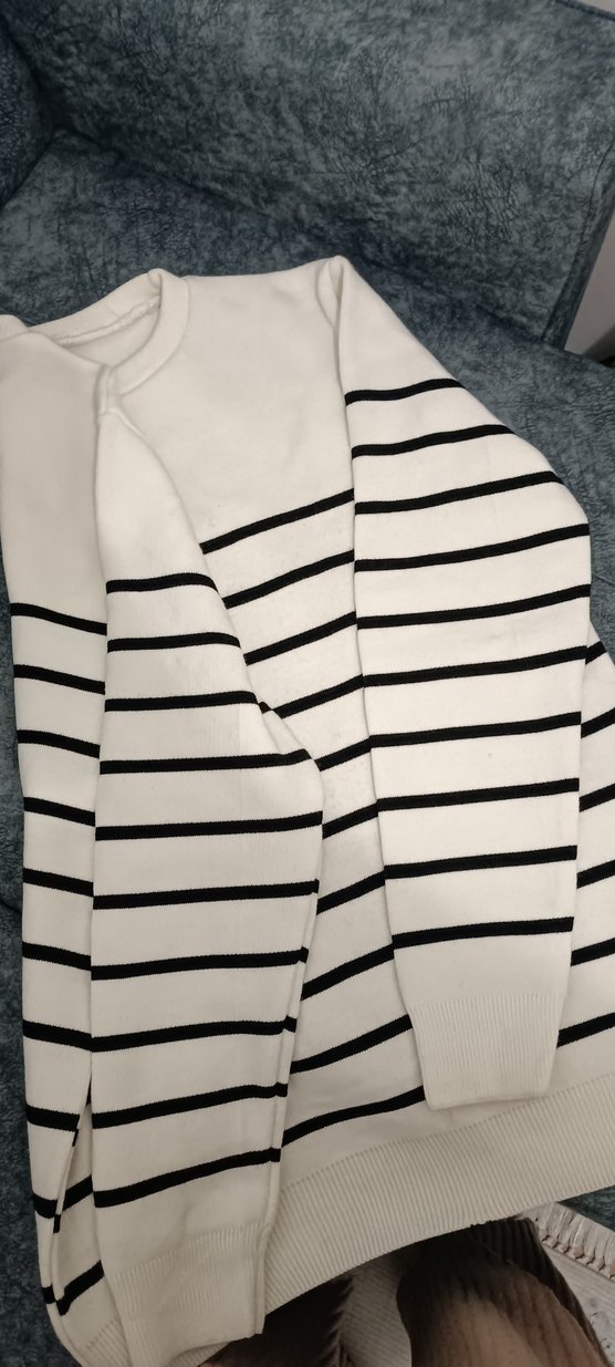 Kadın Beyaz Çizgili Pamuklu Triko Kazak - Görsel 4