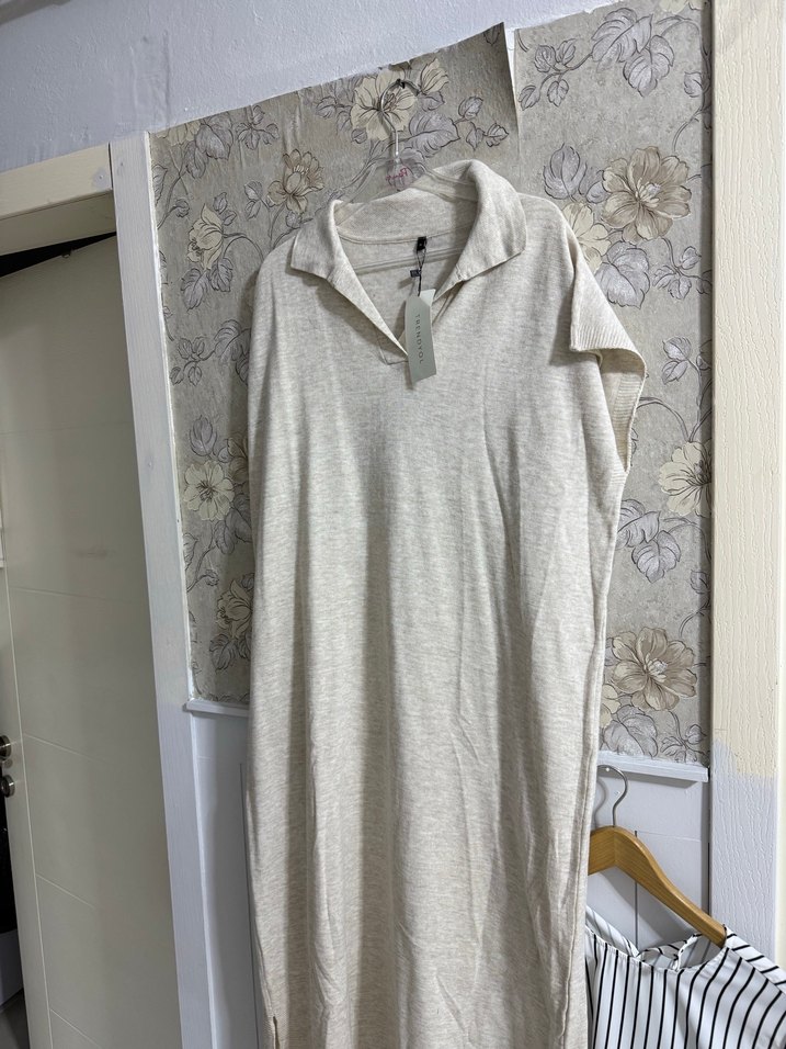 Bej Keten Uzun Kollu Kadın Elbise - Görsel 2