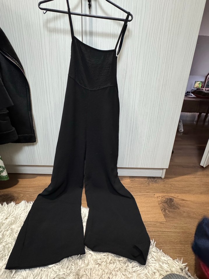 Siyah Askılı Uzun Keten Tulum - Görsel 2