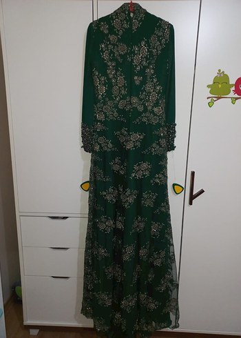 Boncuk İşlemeli Uzun Kol Yeşil Elbise - Görsel 2