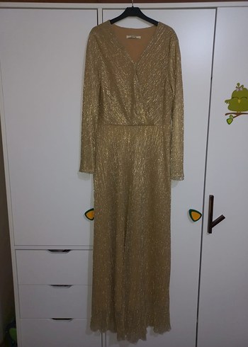 Altın Renk Uzun Kollu Drapeli Abiye Elbise - Görsel 2