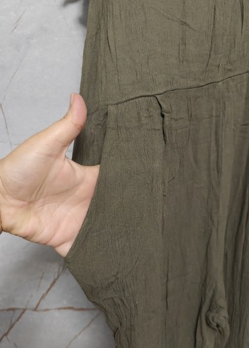 Batik Kadın Haki Keten Uzun Salaş Tulum