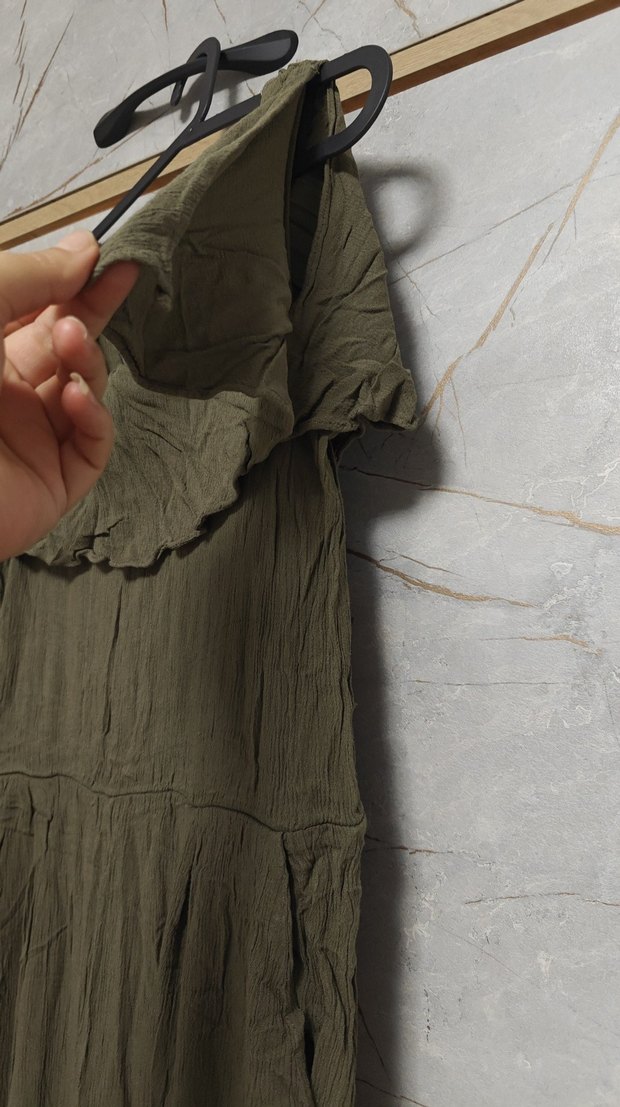 Kadın Haki Keten Uzun Salaş Tulum - Görsel 3